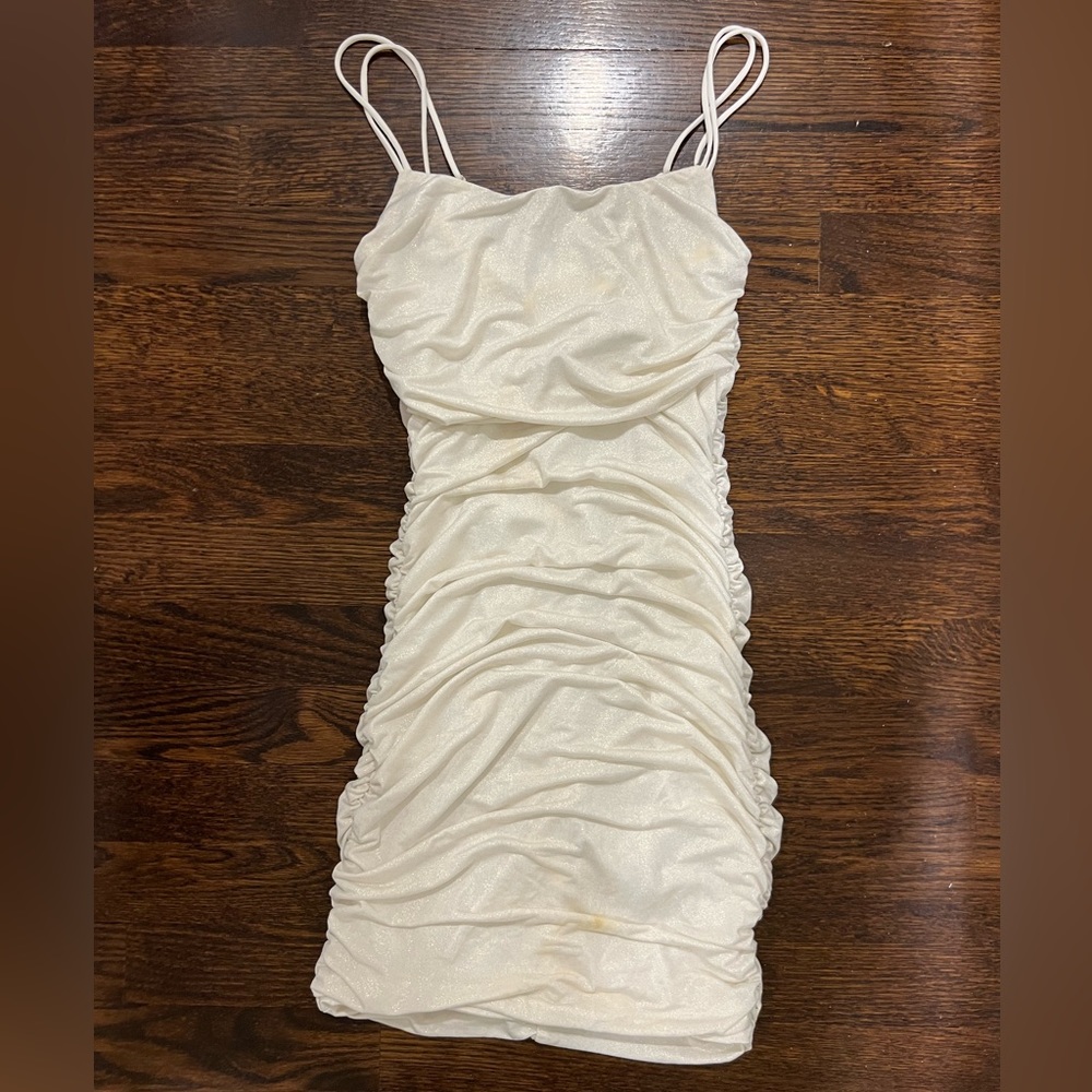 Lucy In The Skye white shimmer dress with doubled straps, scrunched material